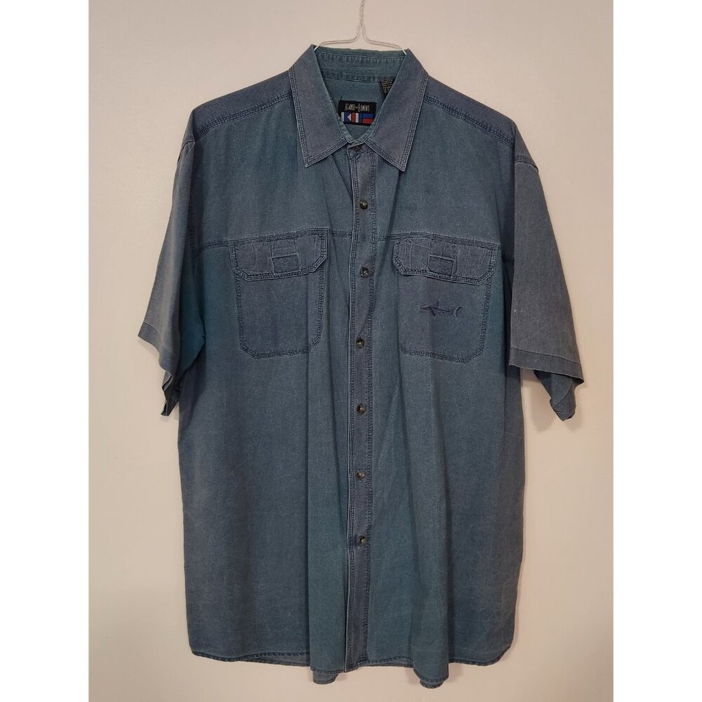 Against The Elements Shirt Button Up Blue Heathered Fish Shark‎ Pockets 2XL